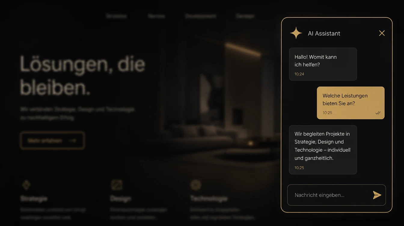Chat-Fenster auf einer Webseite: Ein KI-Assistent beantwortet eine Kundenfrage zu den Leistungen