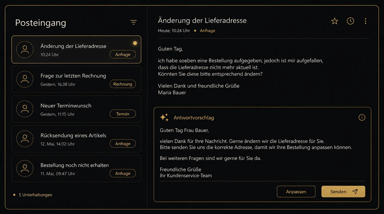Posteingang mit automatisch einsortierten Anfragen und einem vorbereiteten Antwortvorschlag