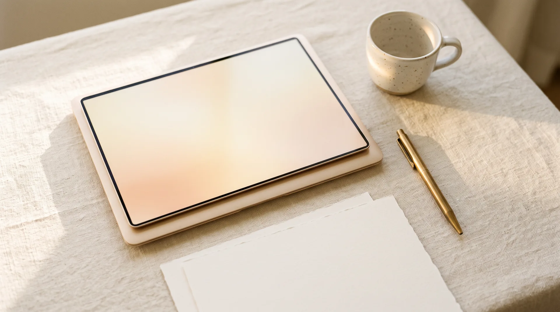 Heller Arbeitsplatz mit Notebook, Papier und goldenem Stift im Morgenlicht