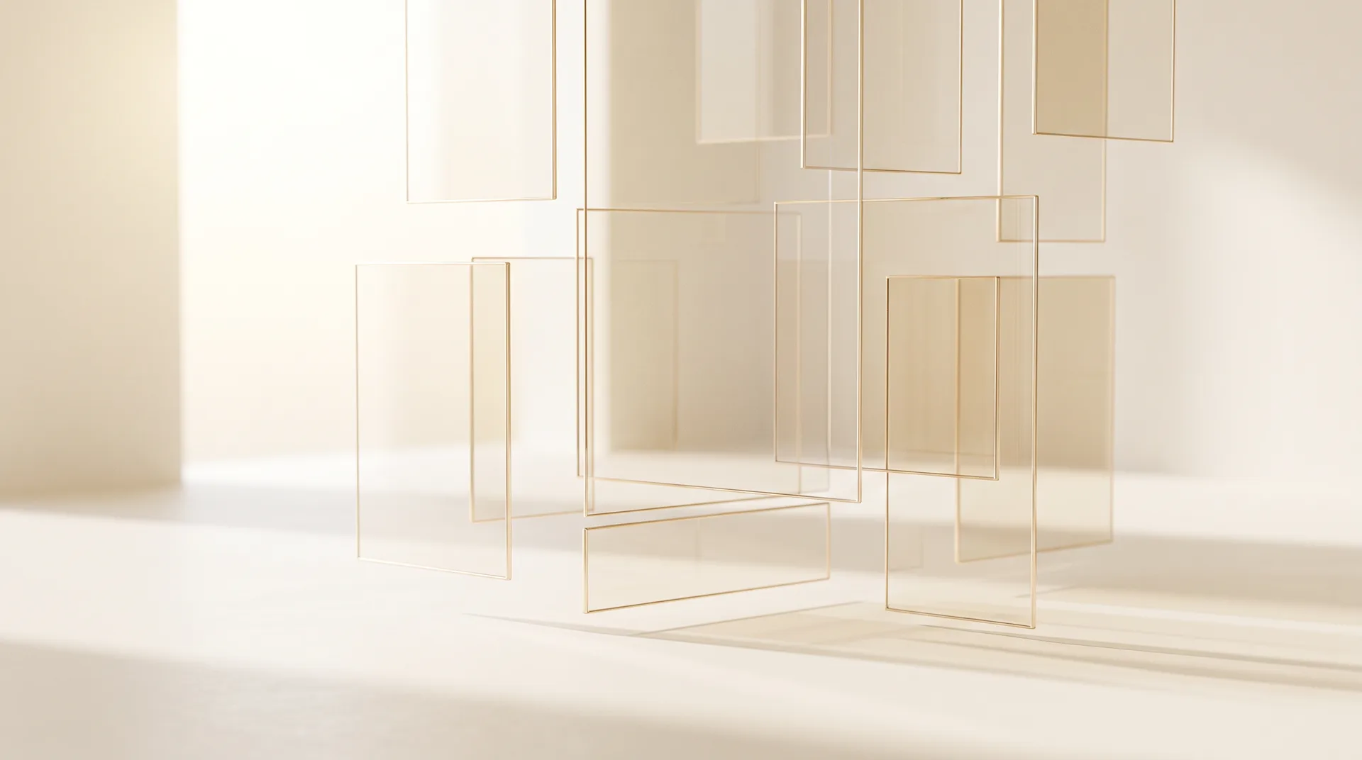 Helle schwebende Glaspaneele mit feinen goldenen Rahmen, Sinnbild für Webdesign bei NexTao