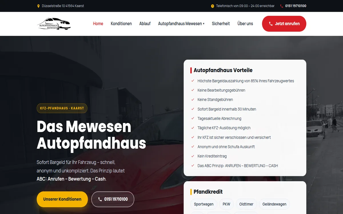 Startseite des Autopfandhaus Mewesen mit Konditionen im Überblick