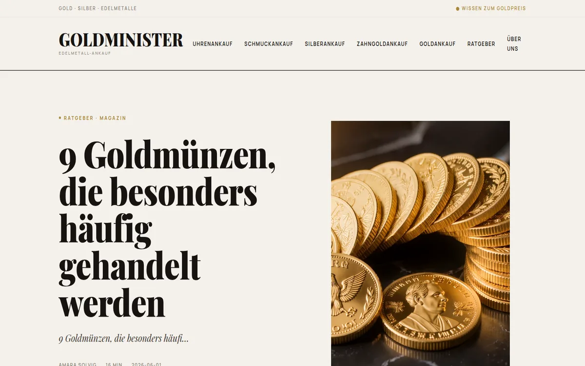 Startseite von GoldMinister mit Beitrag über Goldmünzen