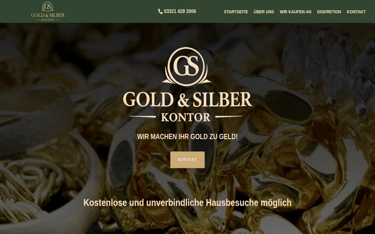 Startseite von Gold und Silber Kontor mit Münzen und Schmuck