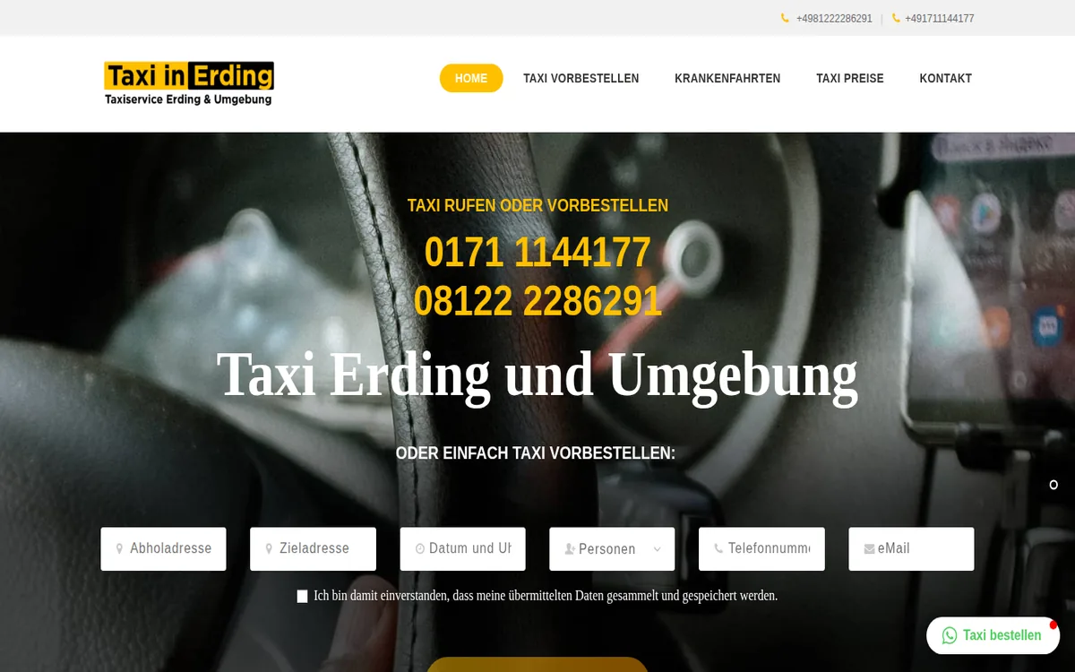 Startseite von Taxi Erding mit Bestellformular über dem Bild