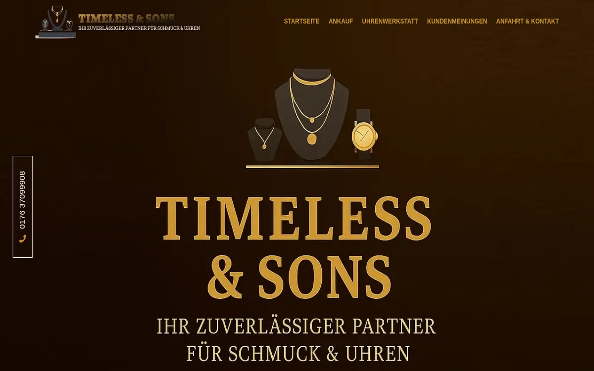 Startseite von Timeless and Sons mit Schmuck und Uhren in Gold