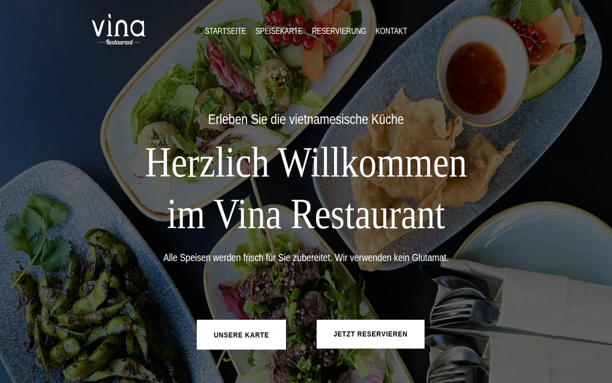 Startseite des Vina Restaurants mit vietnamesischen Gerichten