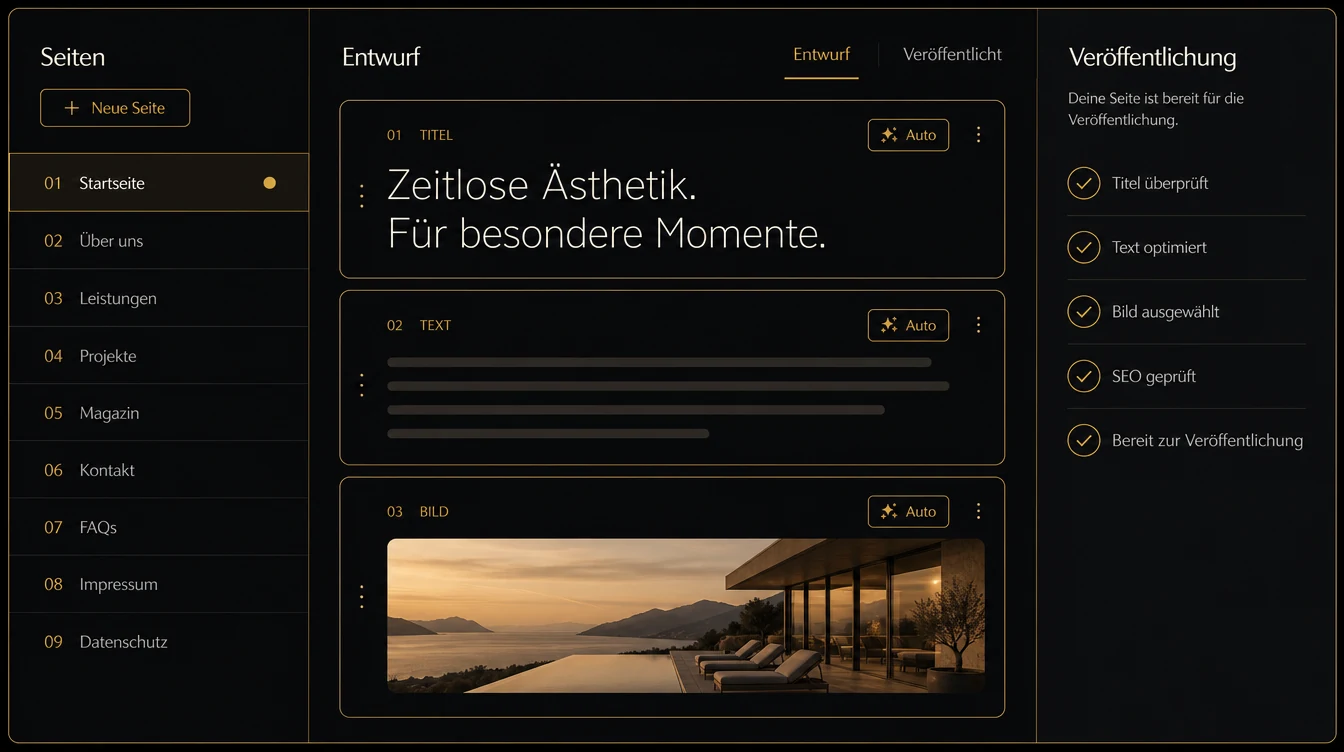 Redaktionsansicht einer Webseite mit automatisch erzeugten Titel-, Text- und Bildblöcken