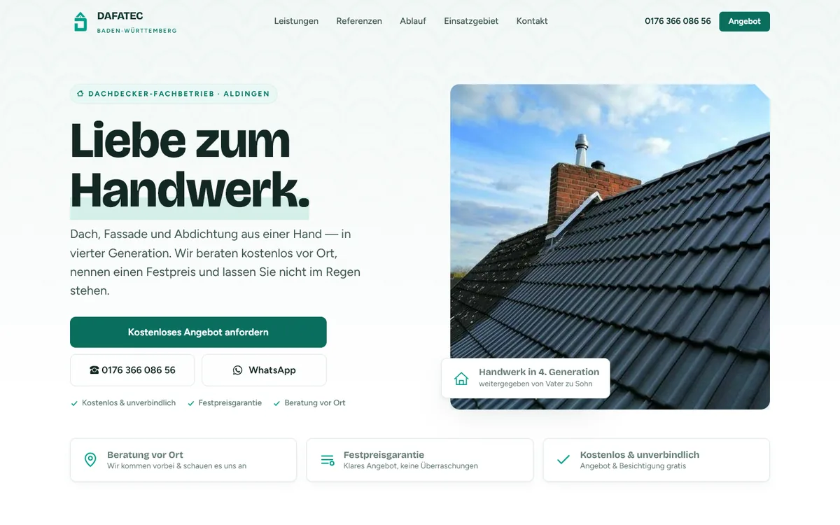 Startseite von DAFATEC mit neu gedecktem Dach