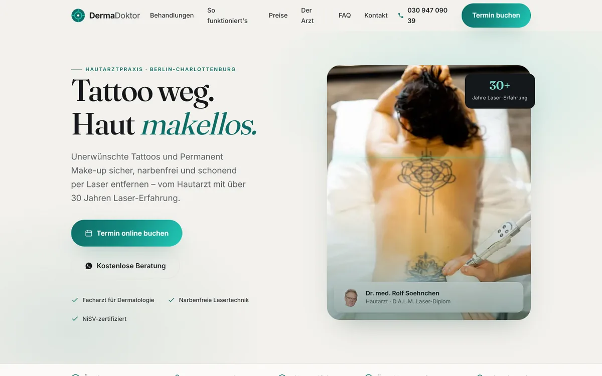 Startseite von DermaDoktor zur Tattooentfernung per Laser